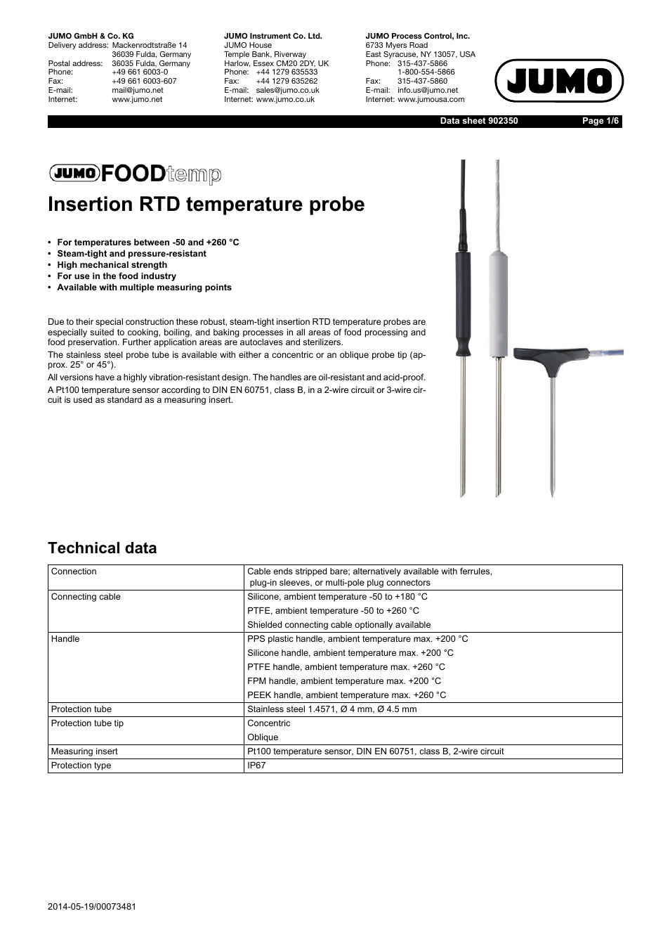 JUMO 902350 FOODtemp Insertion RTD Temperature Probe Data Sheet User Manual | 6 pages