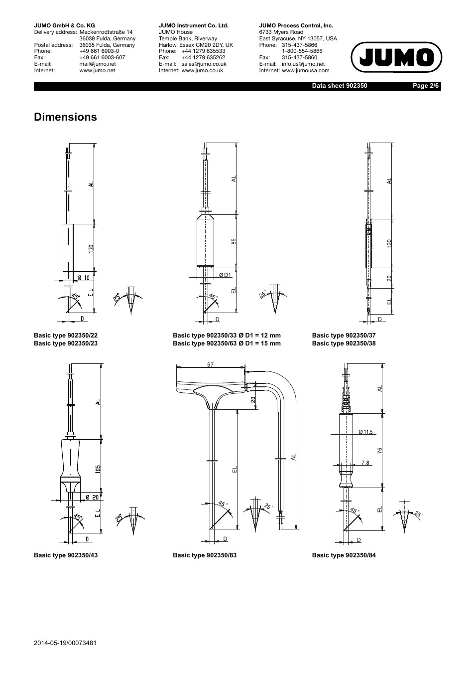 Dimensions | JUMO 902350 FOODtemp Insertion RTD Temperature Probe Data Sheet User Manual | Page 2 / 6