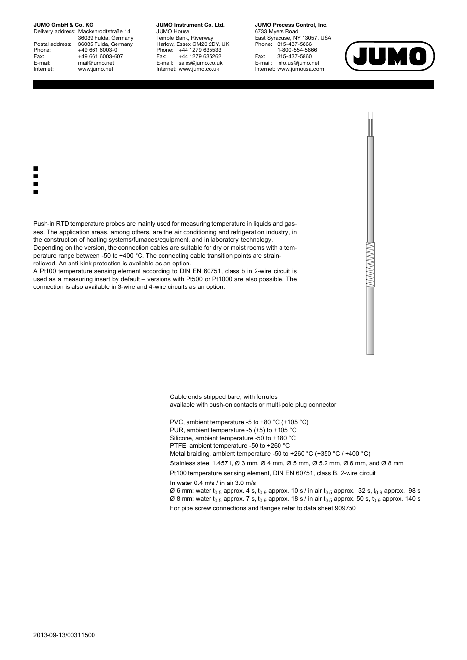 JUMO 902150 Push-In RTD Temperature Probe with Connecting Cable Data Sheet User Manual | 6 pages