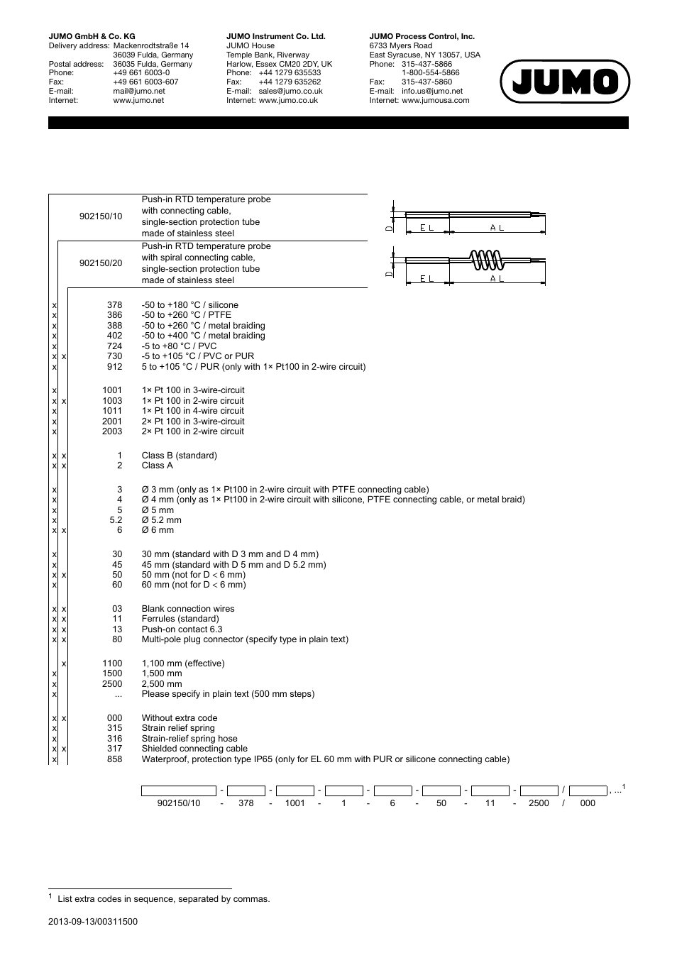 Order details | JUMO 902150 Push-In RTD Temperature Probe with Connecting Cable Data Sheet User Manual | Page 3 / 6