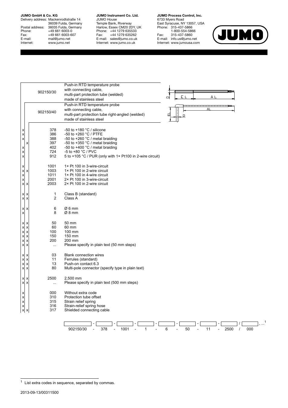 Order details | JUMO 902150 Push-In RTD Temperature Probe with Connecting Cable Data Sheet User Manual | Page 4 / 6