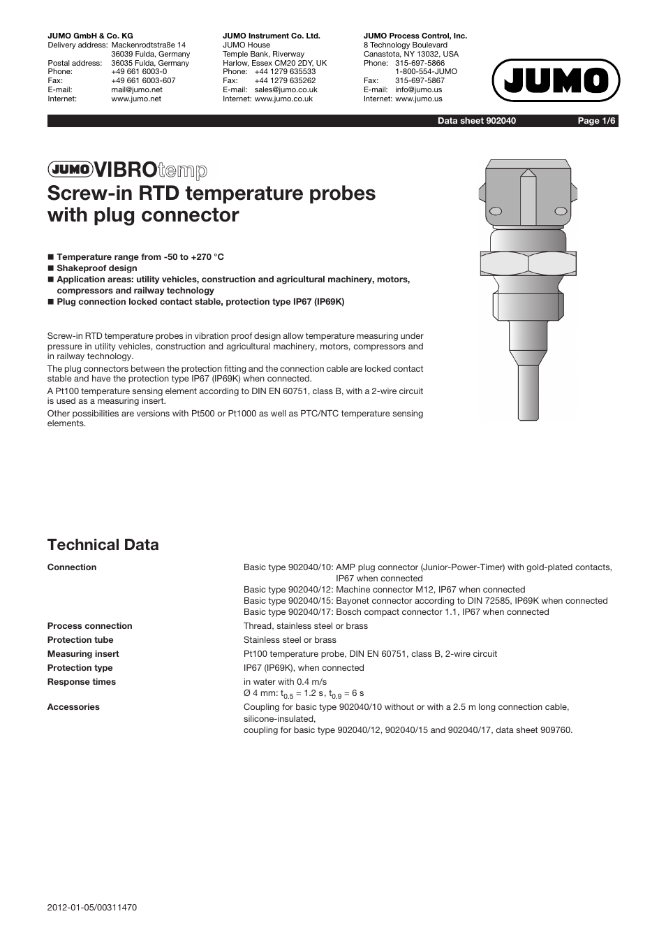 JUMO 902040 VIBROtemp Screw-In RTD Temperature Probe with Plug Connector Data Sheet User Manual | 6 pages