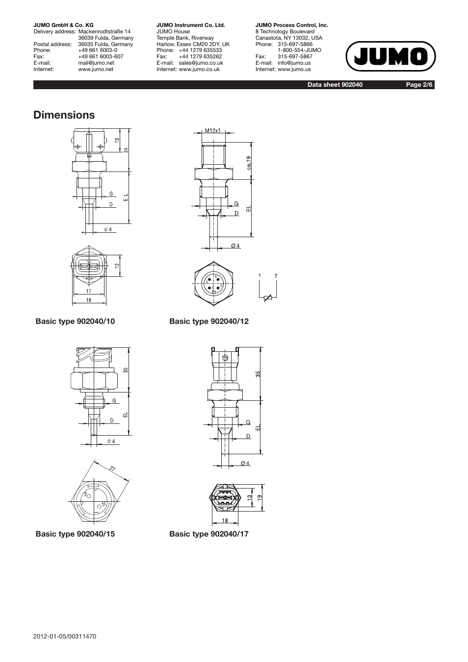 Dimensions | JUMO 902040 VIBROtemp Screw-In RTD Temperature Probe with Plug Connector Data Sheet User Manual | Page 2 / 6