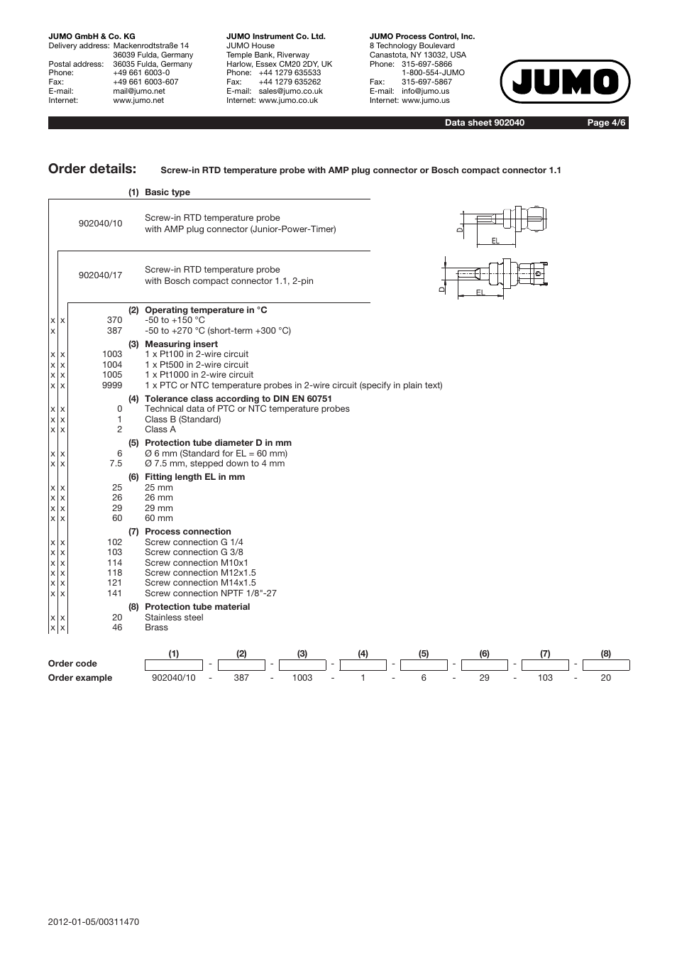 Order details | JUMO 902040 VIBROtemp Screw-In RTD Temperature Probe with Plug Connector Data Sheet User Manual | Page 4 / 6