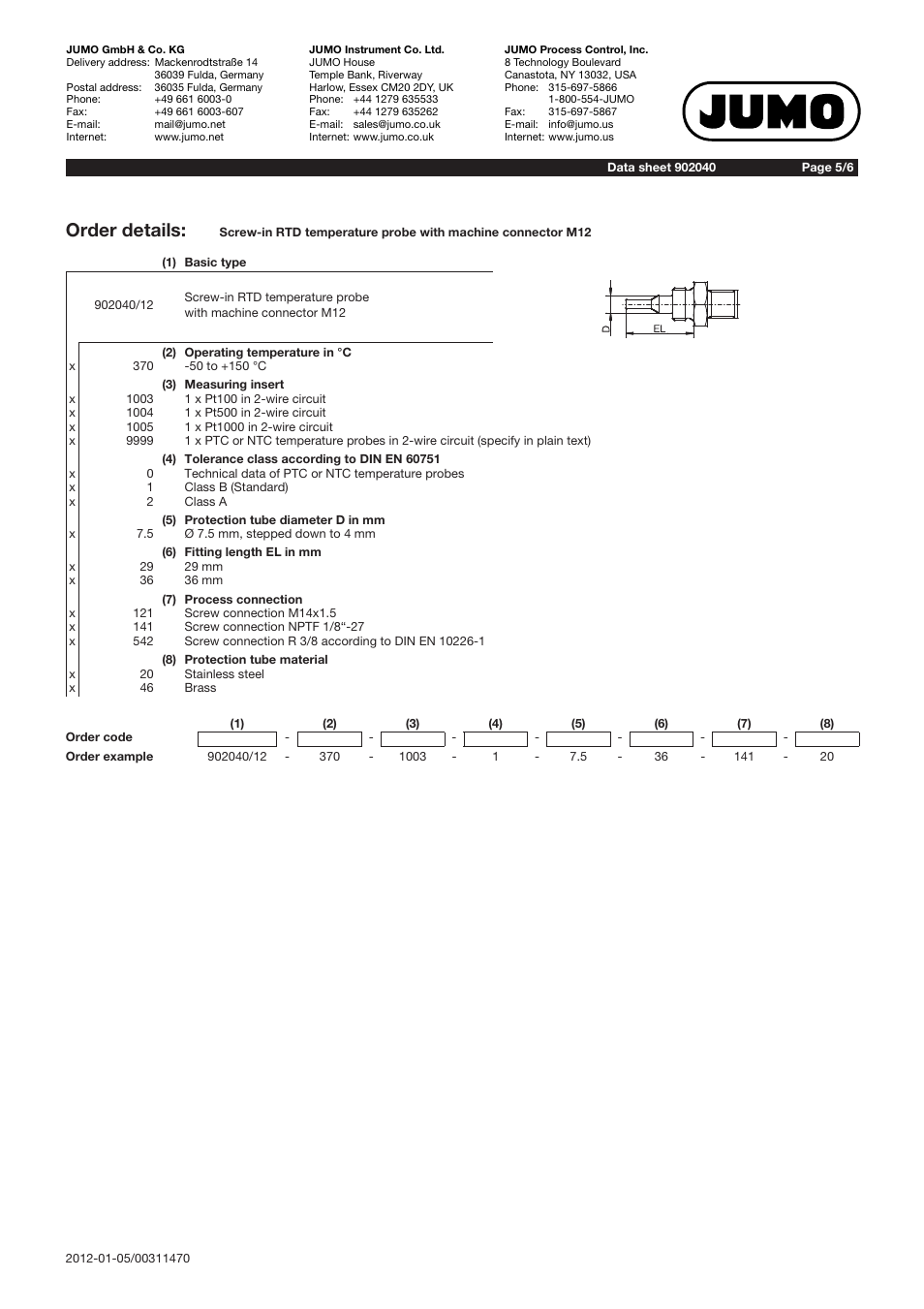 Order details | JUMO 902040 VIBROtemp Screw-In RTD Temperature Probe with Plug Connector Data Sheet User Manual | Page 5 / 6