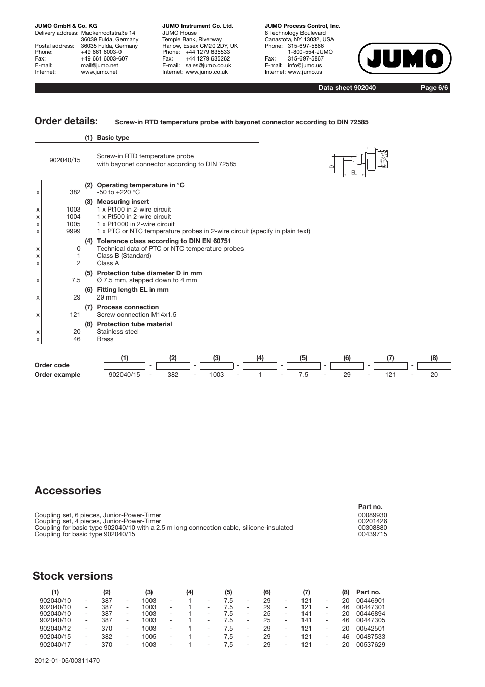Stock versions, Accessories, Order details | JUMO 902040 VIBROtemp Screw-In RTD Temperature Probe with Plug Connector Data Sheet User Manual | Page 6 / 6