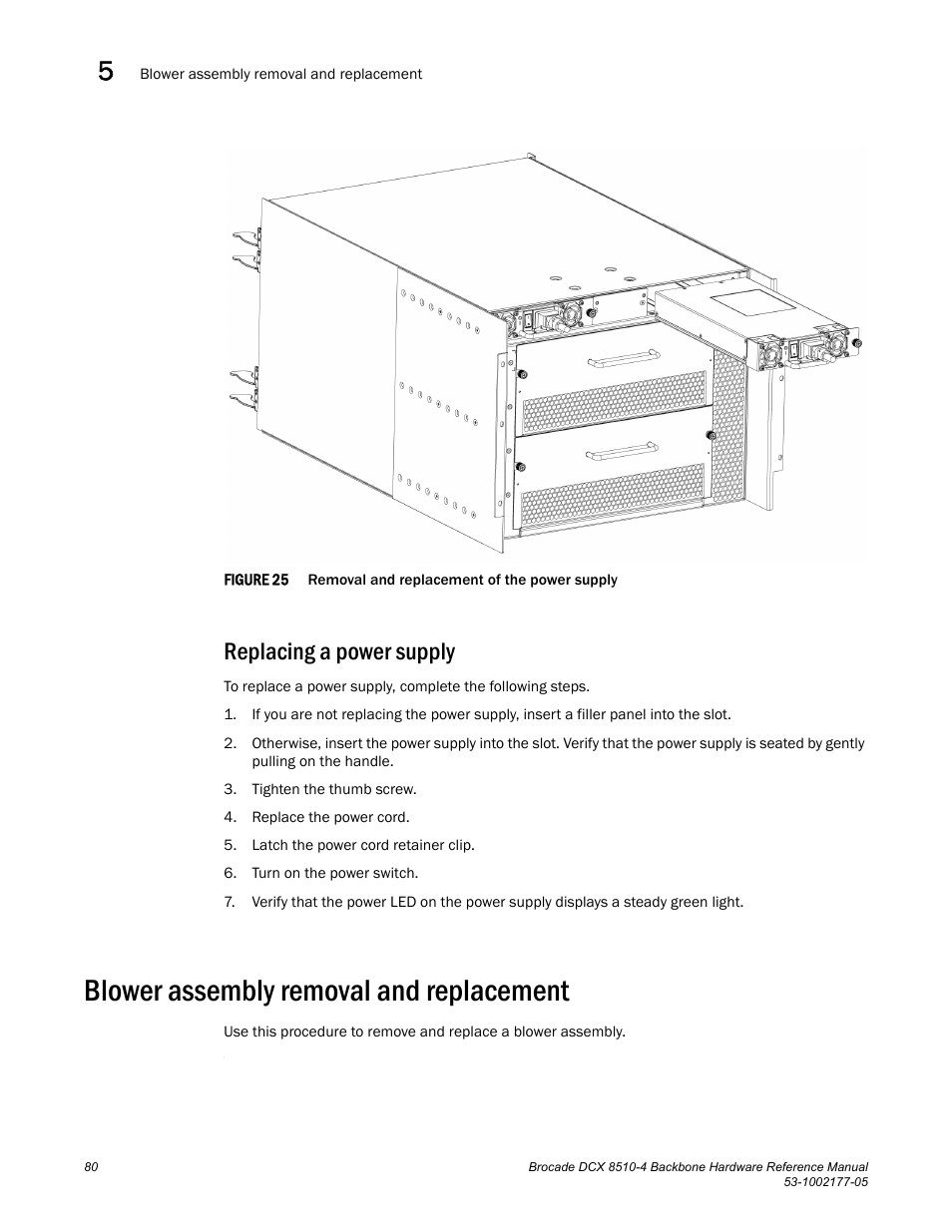 Replacing a power supply, Blower assembly removal and replacement, Figure 25 | Removal and replace | Brocade Communications Systems Brocade Backbone DCX 8510-4 User Manual | Page 100 / 168