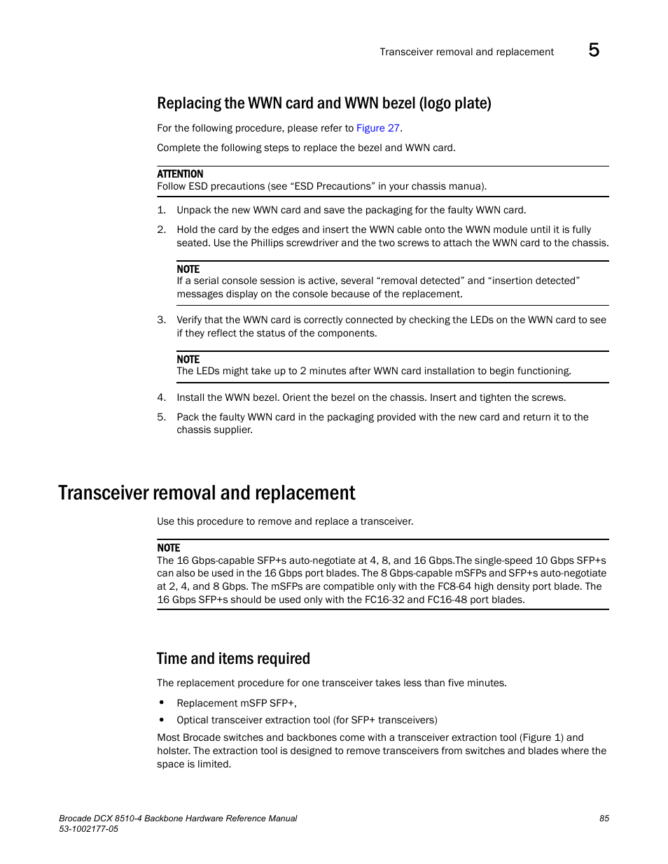 Replacing the wwn card and wwn bezel (logo plate), Transceiver removal and replacement, Time and items required | Brocade Communications Systems Brocade Backbone DCX 8510-4 User Manual | Page 105 / 168