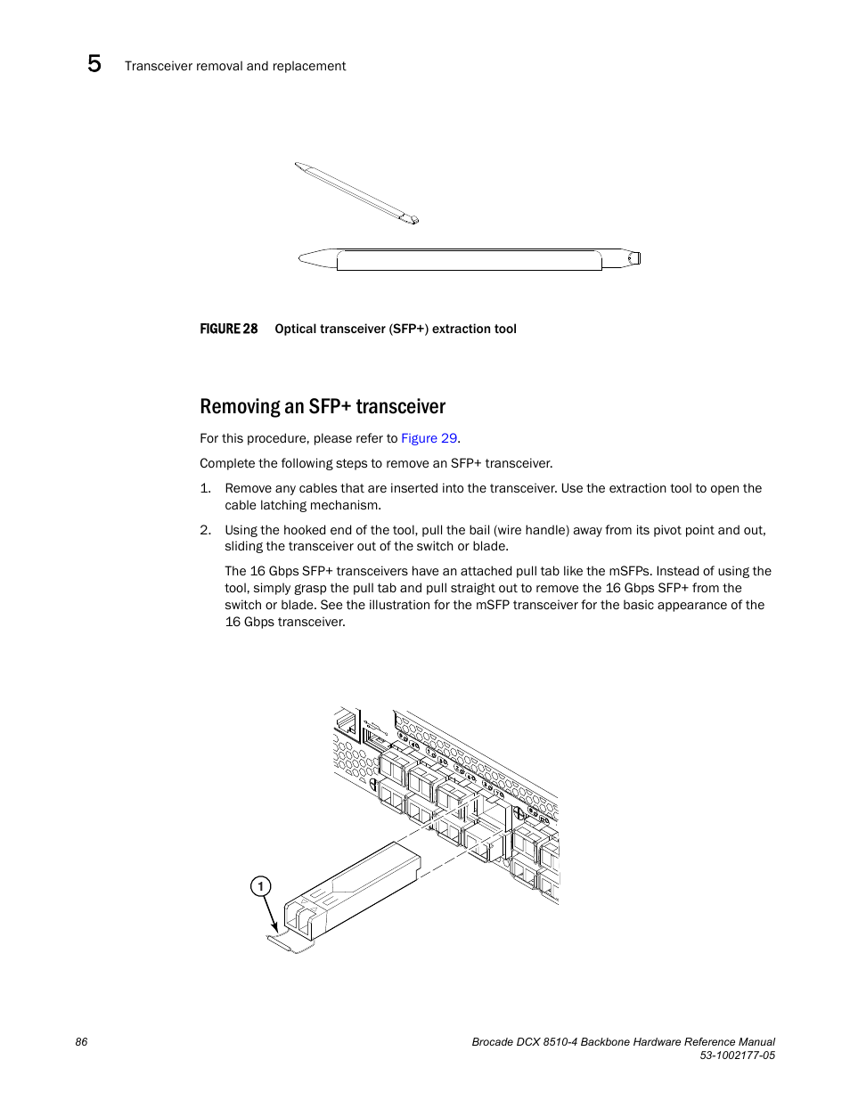 Removing an sfp+ transceiver, Figure 28, Optical transceive | Brocade Communications Systems Brocade Backbone DCX 8510-4 User Manual | Page 106 / 168