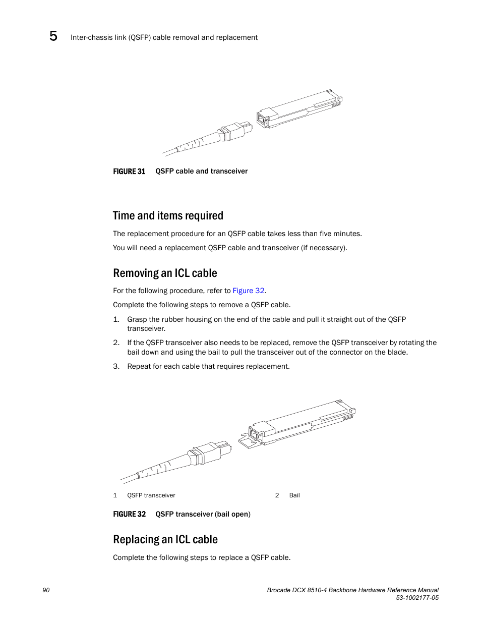 Time and items required, Removing an icl cable, Replacing an icl cable | Figure 31, Qsfp, Figure 32 | Brocade Communications Systems Brocade Backbone DCX 8510-4 User Manual | Page 110 / 168