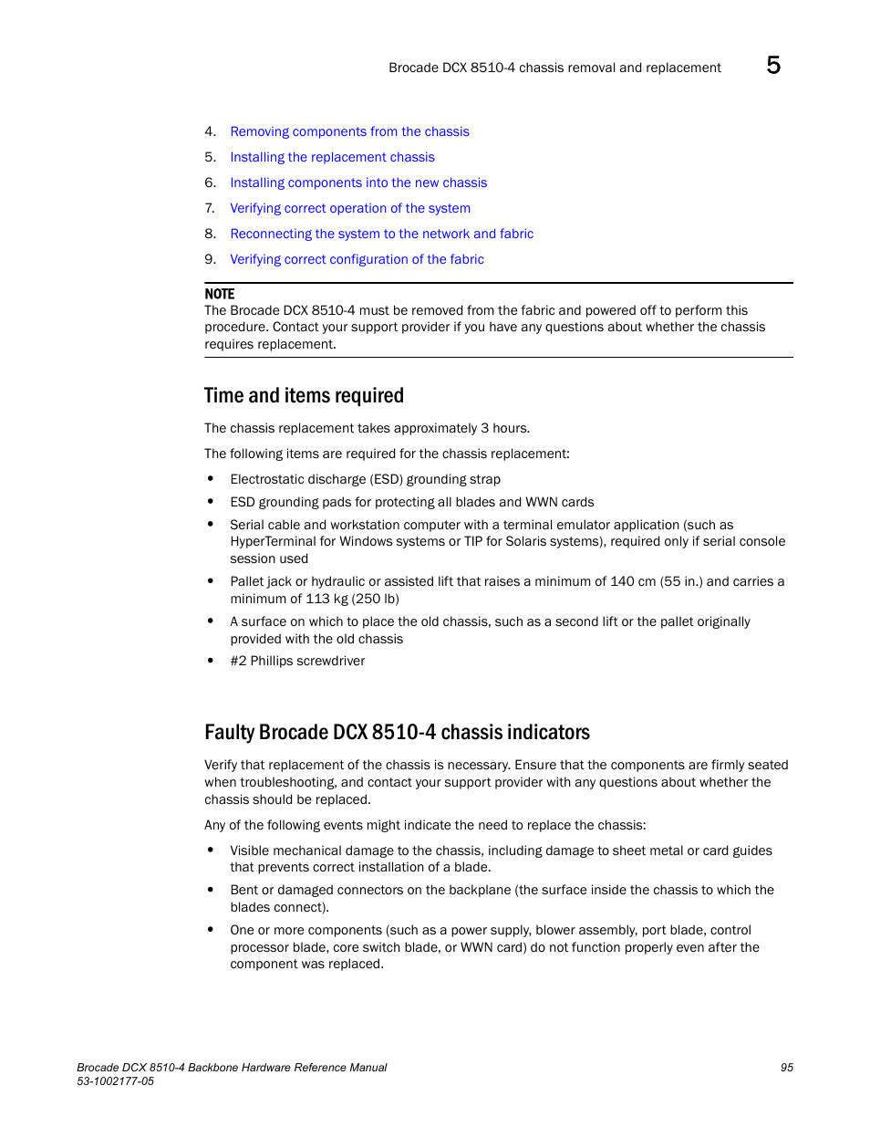 Time and items required, Faulty brocade dcx 8510-4 chassis indicators | Brocade Communications Systems Brocade Backbone DCX 8510-4 User Manual | Page 115 / 168