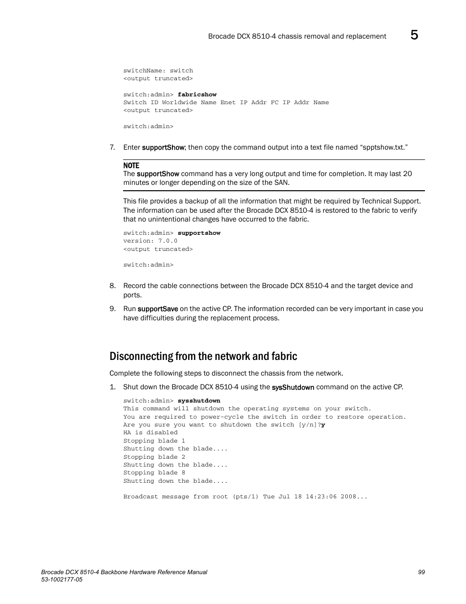 Disconnecting from the network and fabric | Brocade Communications Systems Brocade Backbone DCX 8510-4 User Manual | Page 119 / 168