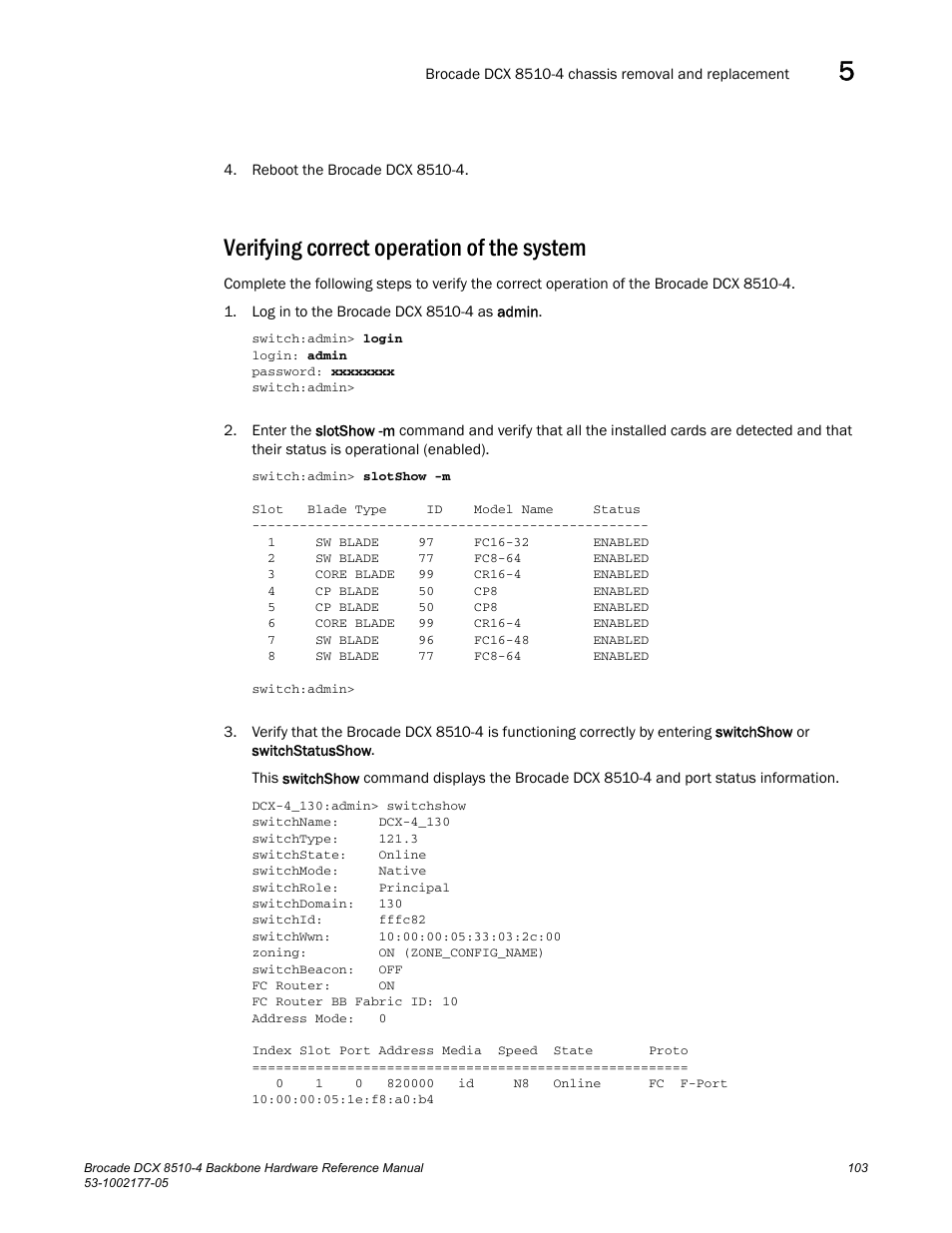 Verifying correct operation of the system | Brocade Communications Systems Brocade Backbone DCX 8510-4 User Manual | Page 123 / 168