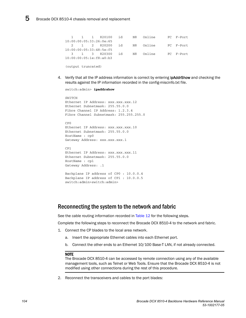 Reconnecting the system to the network and fabric | Brocade Communications Systems Brocade Backbone DCX 8510-4 User Manual | Page 124 / 168