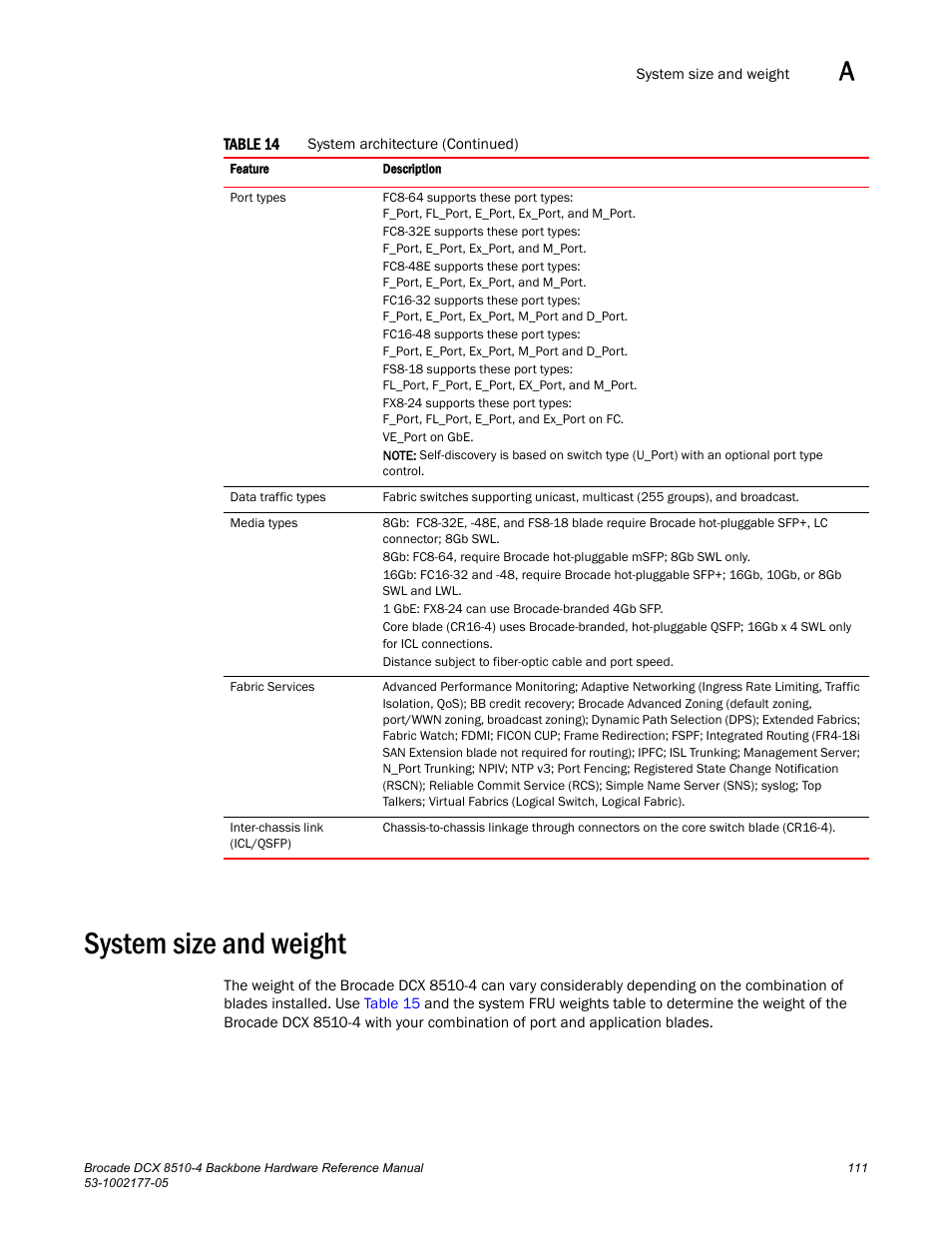 System size and weight | Brocade Communications Systems Brocade Backbone DCX 8510-4 User Manual | Page 131 / 168