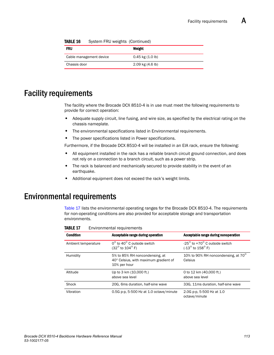 Facility requirements, Environmental requirements, Table 17 | Brocade Communications Systems Brocade Backbone DCX 8510-4 User Manual | Page 133 / 168