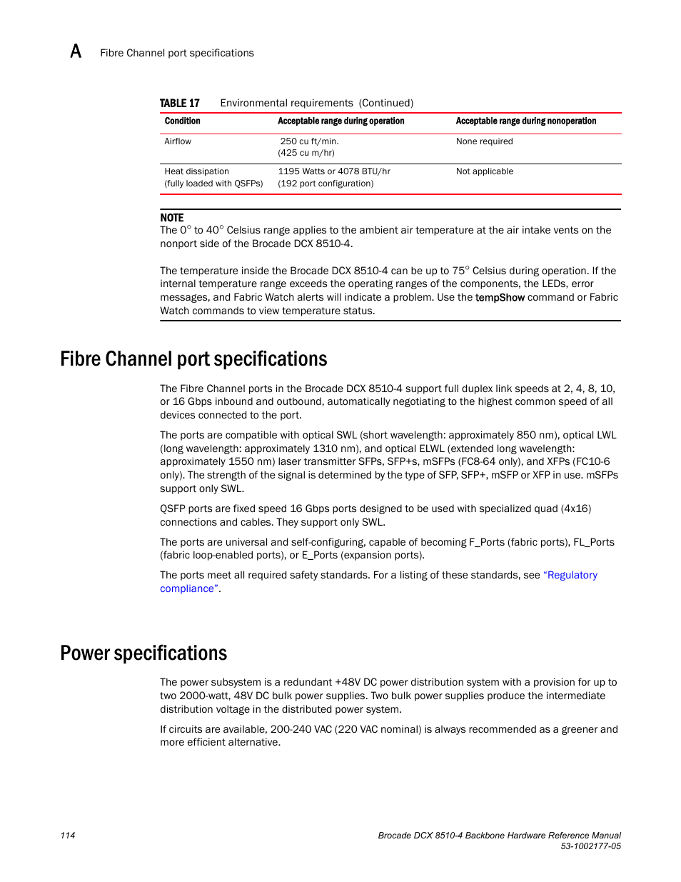 Fibre channel port specifications, Power specifications | Brocade Communications Systems Brocade Backbone DCX 8510-4 User Manual | Page 134 / 168