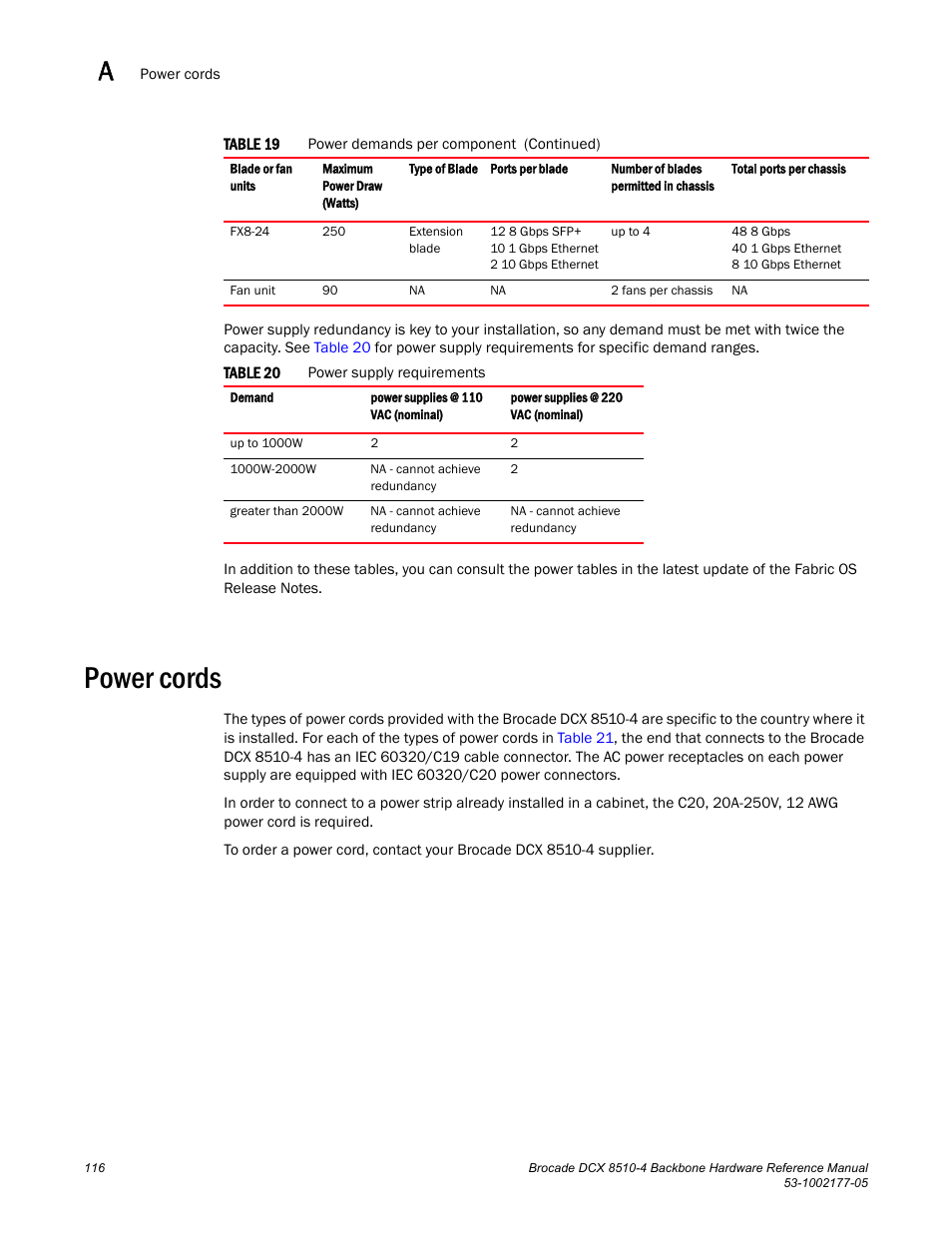 Power cords, Table 20 | Brocade Communications Systems Brocade Backbone DCX 8510-4 User Manual | Page 136 / 168