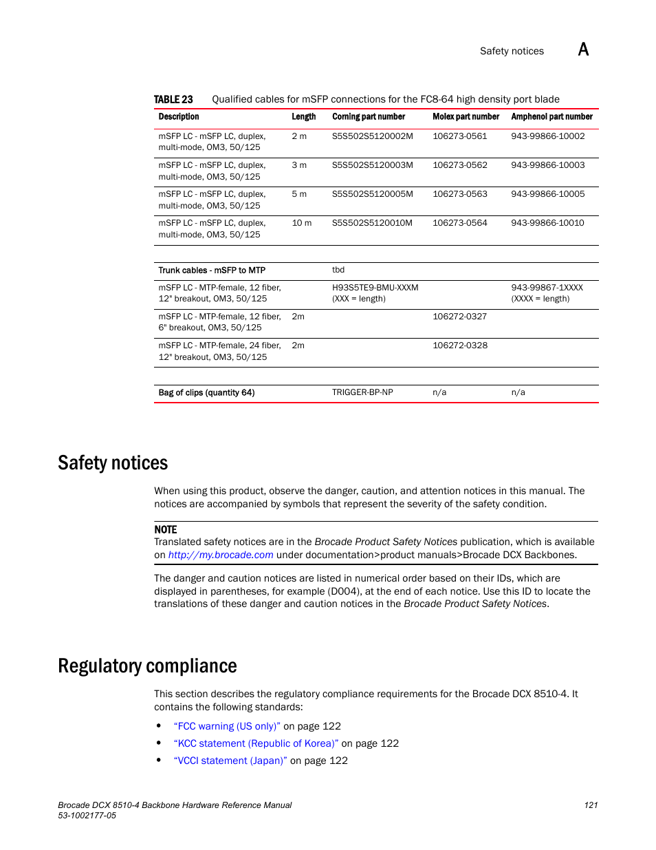 Safety notices, Regulatory compliance | Brocade Communications Systems Brocade Backbone DCX 8510-4 User Manual | Page 141 / 168