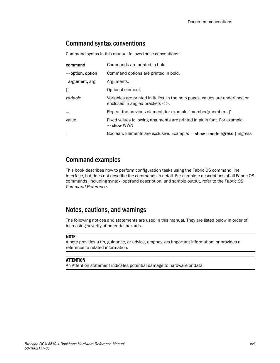 Command syntax conventions, Command examples | Brocade Communications Systems Brocade Backbone DCX 8510-4 User Manual | Page 17 / 168