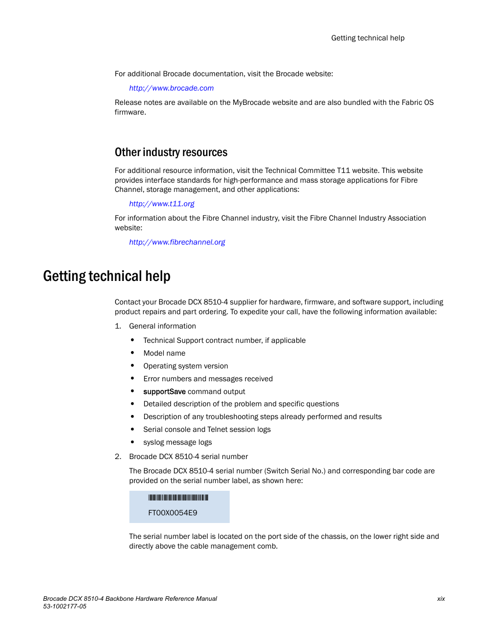 Getting technical help, Other industry resources | Brocade Communications Systems Brocade Backbone DCX 8510-4 User Manual | Page 19 / 168