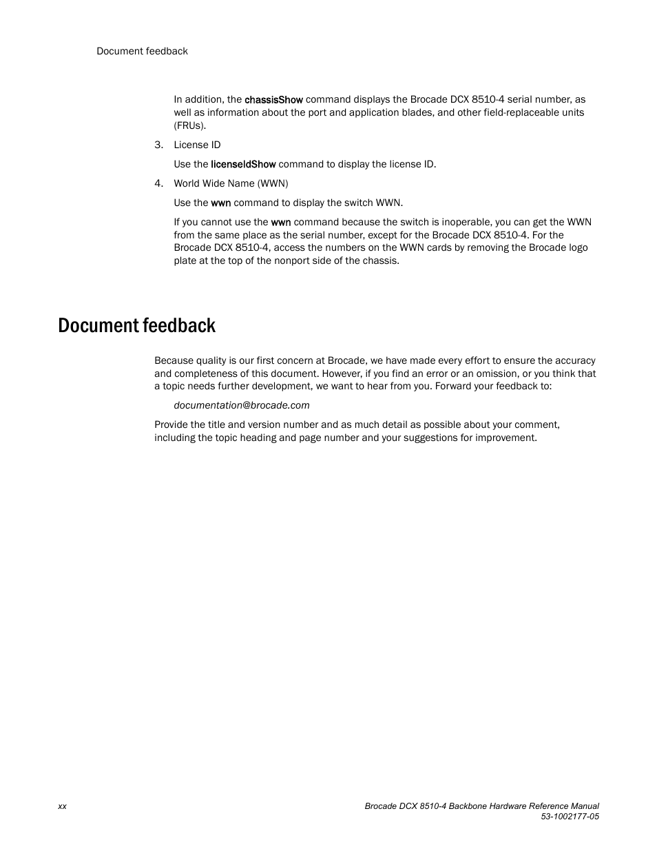 Document feedback | Brocade Communications Systems Brocade Backbone DCX 8510-4 User Manual | Page 20 / 168