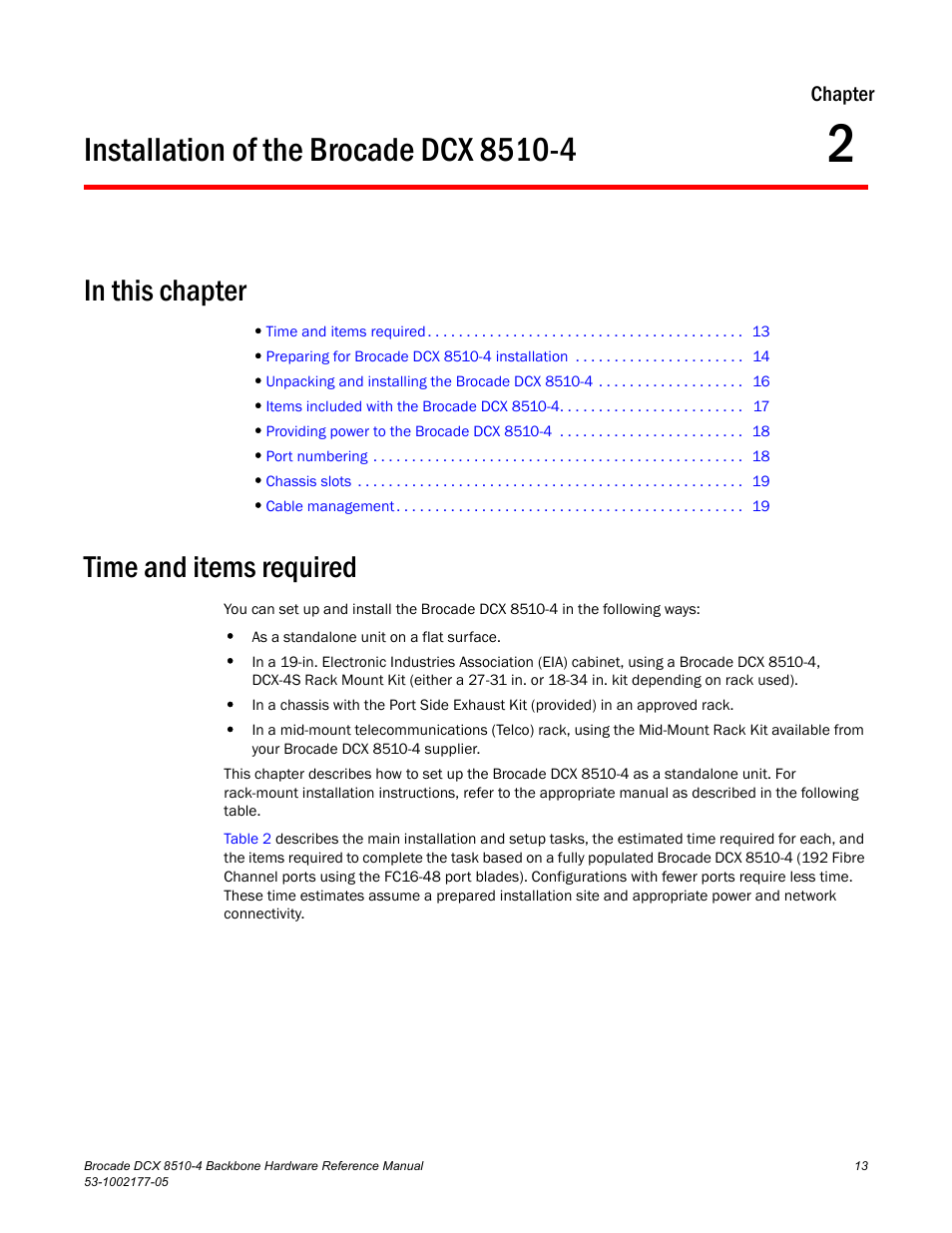 Installation of the brocade dcx 8510-4, In this chapter, Time and items required | Chapter 2, Chapter 2, “installation of the brocade dcx 8510-4 | Brocade Communications Systems Brocade Backbone DCX 8510-4 User Manual | Page 33 / 168