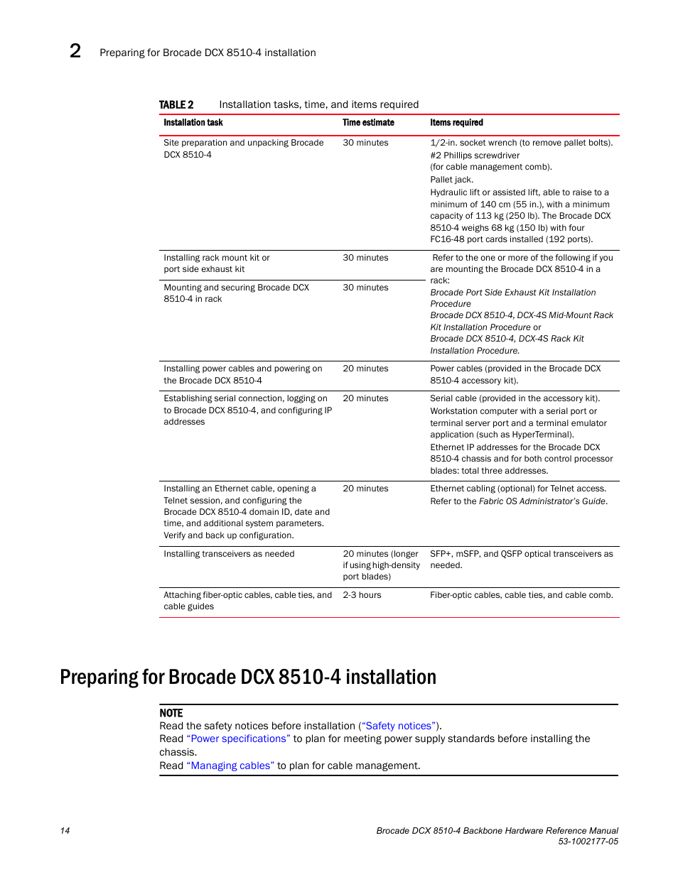 Preparing for brocade dcx 8510-4 installation, Table 2 | Brocade Communications Systems Brocade Backbone DCX 8510-4 User Manual | Page 34 / 168