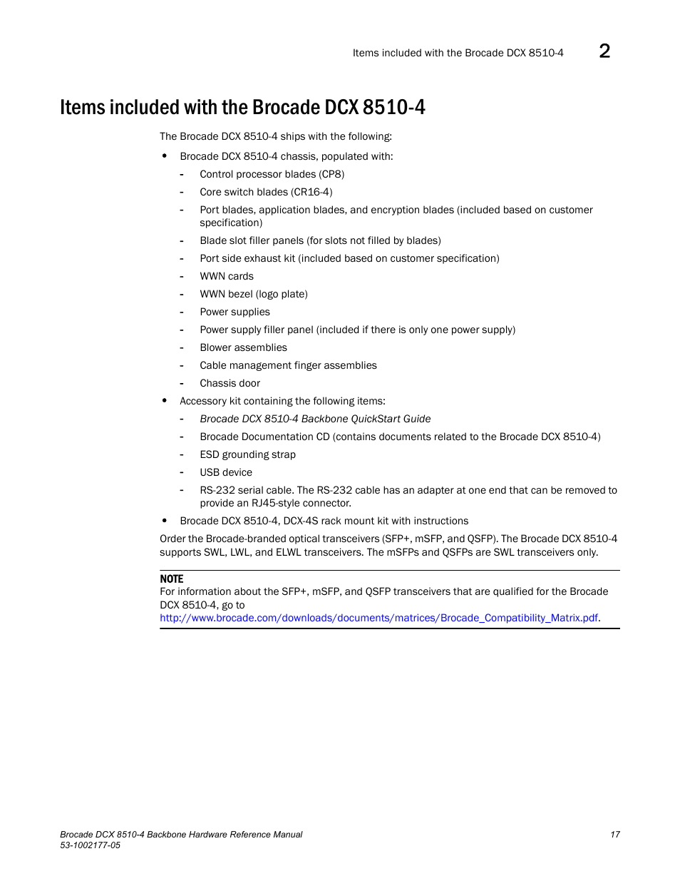 Items included with the brocade dcx 8510-4 | Brocade Communications Systems Brocade Backbone DCX 8510-4 User Manual | Page 37 / 168