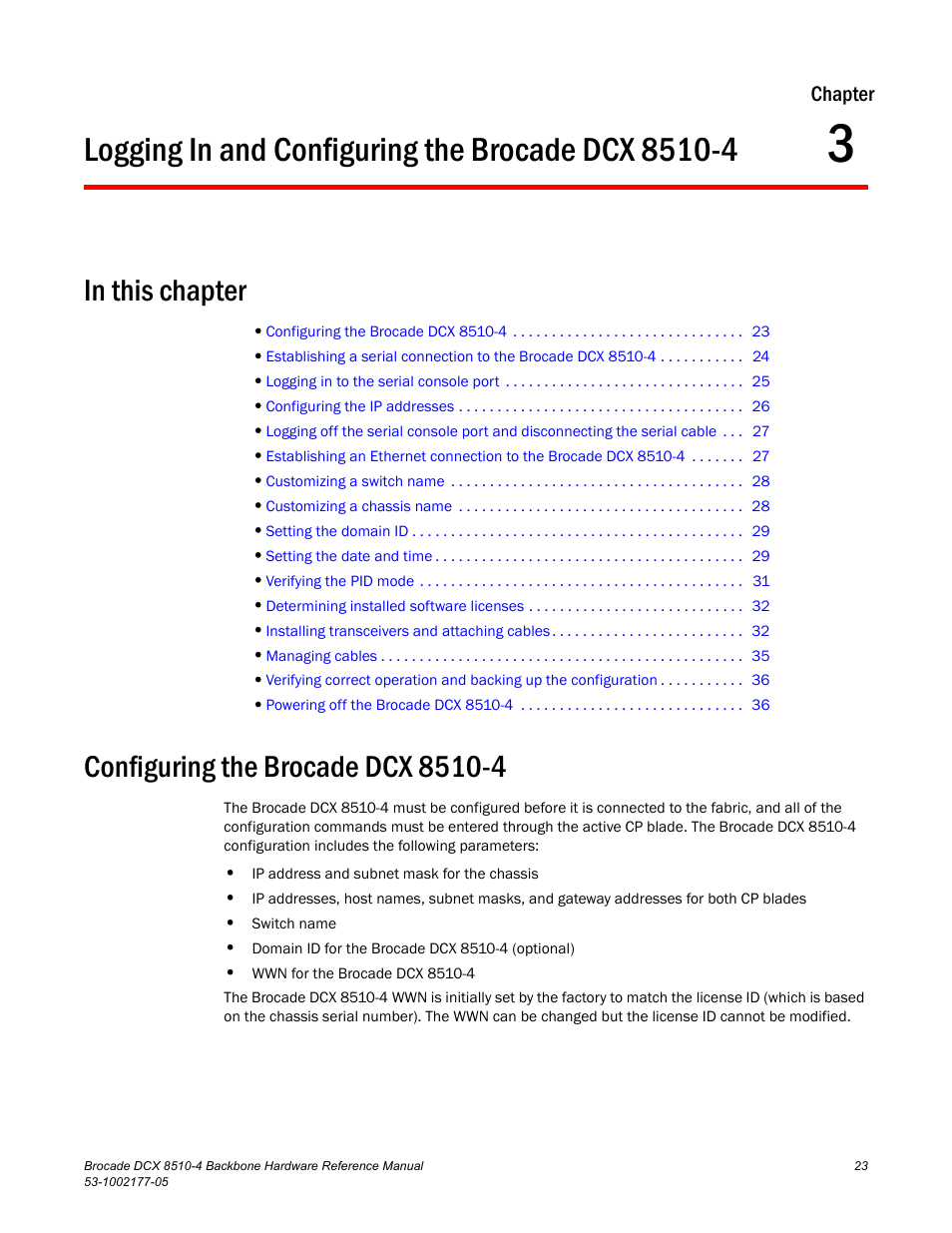 Logging in and configuring the brocade dcx 8510-4, In this chapter, Configuring the brocade dcx 8510-4 | Chapter 3 | Brocade Communications Systems Brocade Backbone DCX 8510-4 User Manual | Page 43 / 168