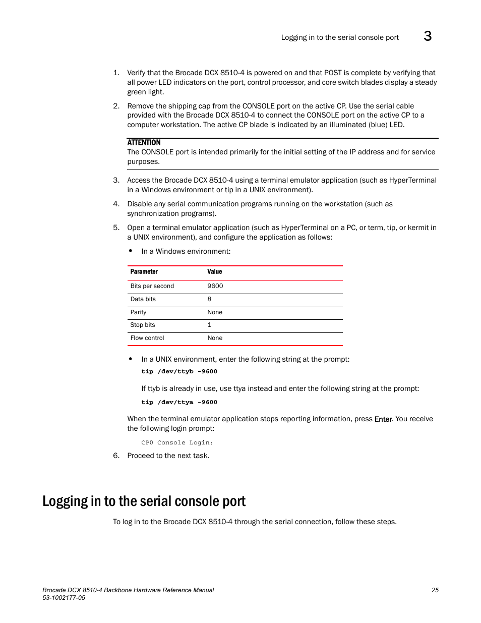 Logging in to the serial console port | Brocade Communications Systems Brocade Backbone DCX 8510-4 User Manual | Page 45 / 168