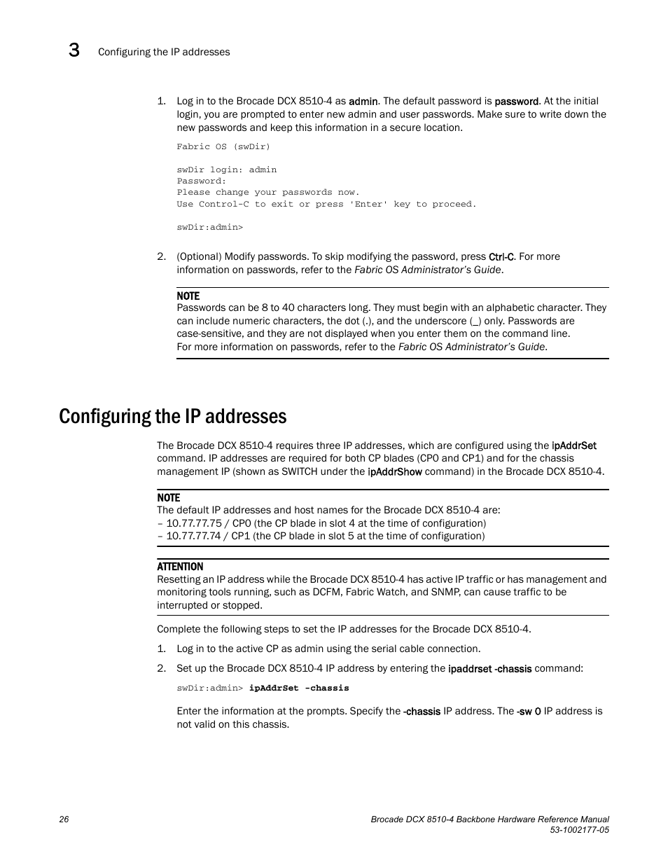 Configuring the ip addresses | Brocade Communications Systems Brocade Backbone DCX 8510-4 User Manual | Page 46 / 168