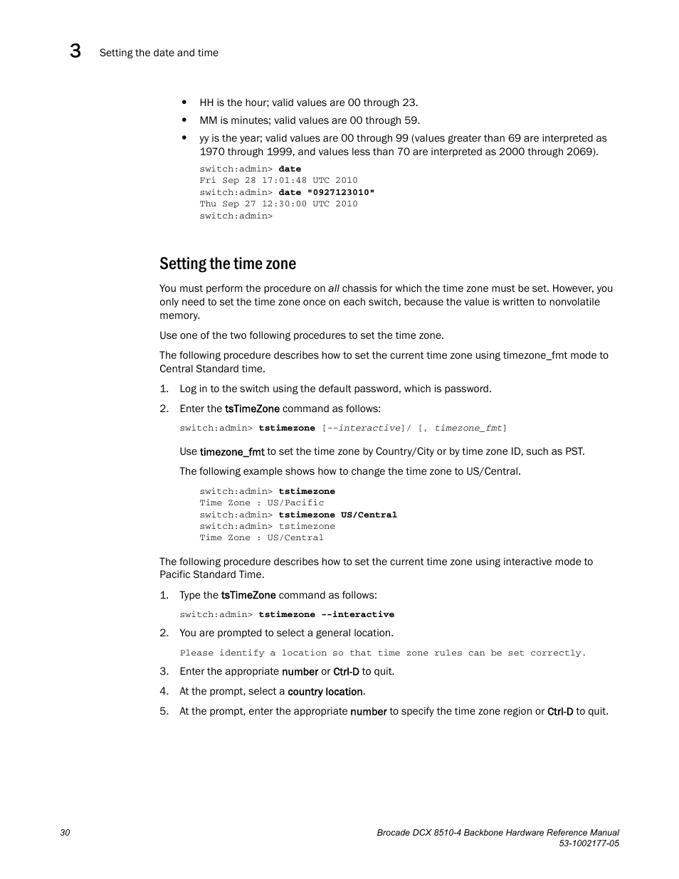 Setting the time zone | Brocade Communications Systems Brocade Backbone DCX 8510-4 User Manual | Page 50 / 168