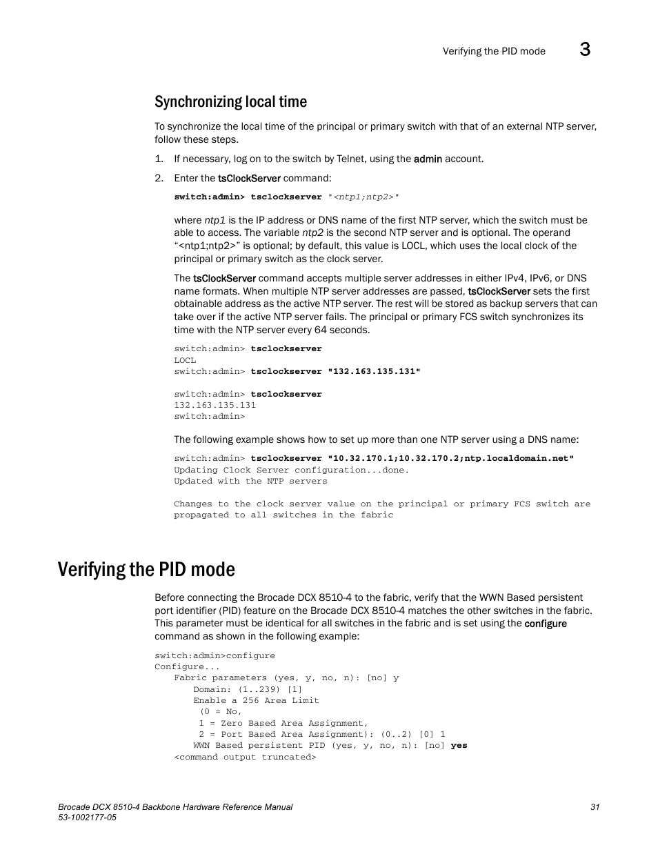 Synchronizing local time, Verifying the pid mode | Brocade Communications Systems Brocade Backbone DCX 8510-4 User Manual | Page 51 / 168