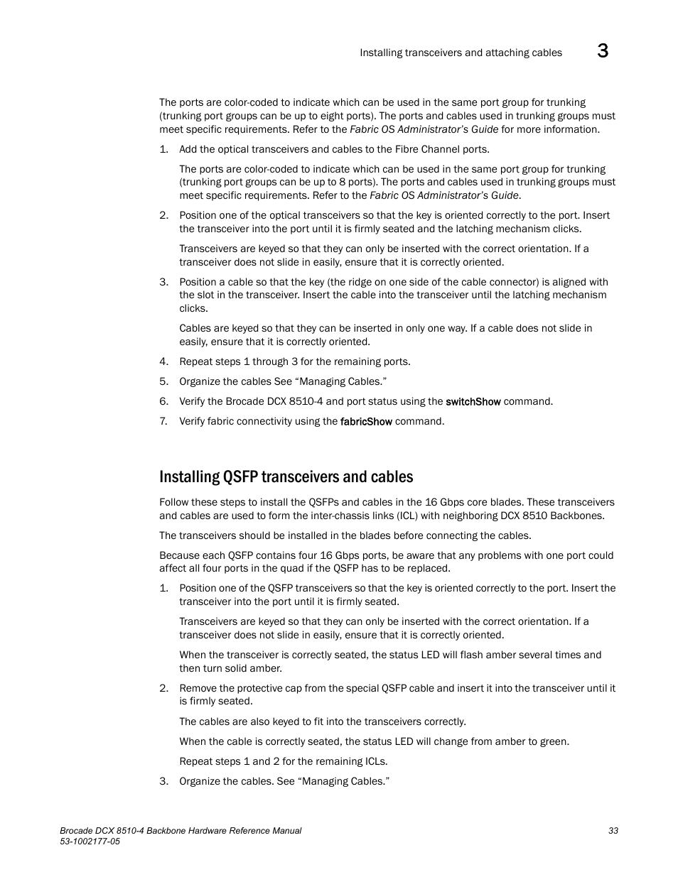 Installing qsfp transceivers and cables | Brocade Communications Systems Brocade Backbone DCX 8510-4 User Manual | Page 53 / 168