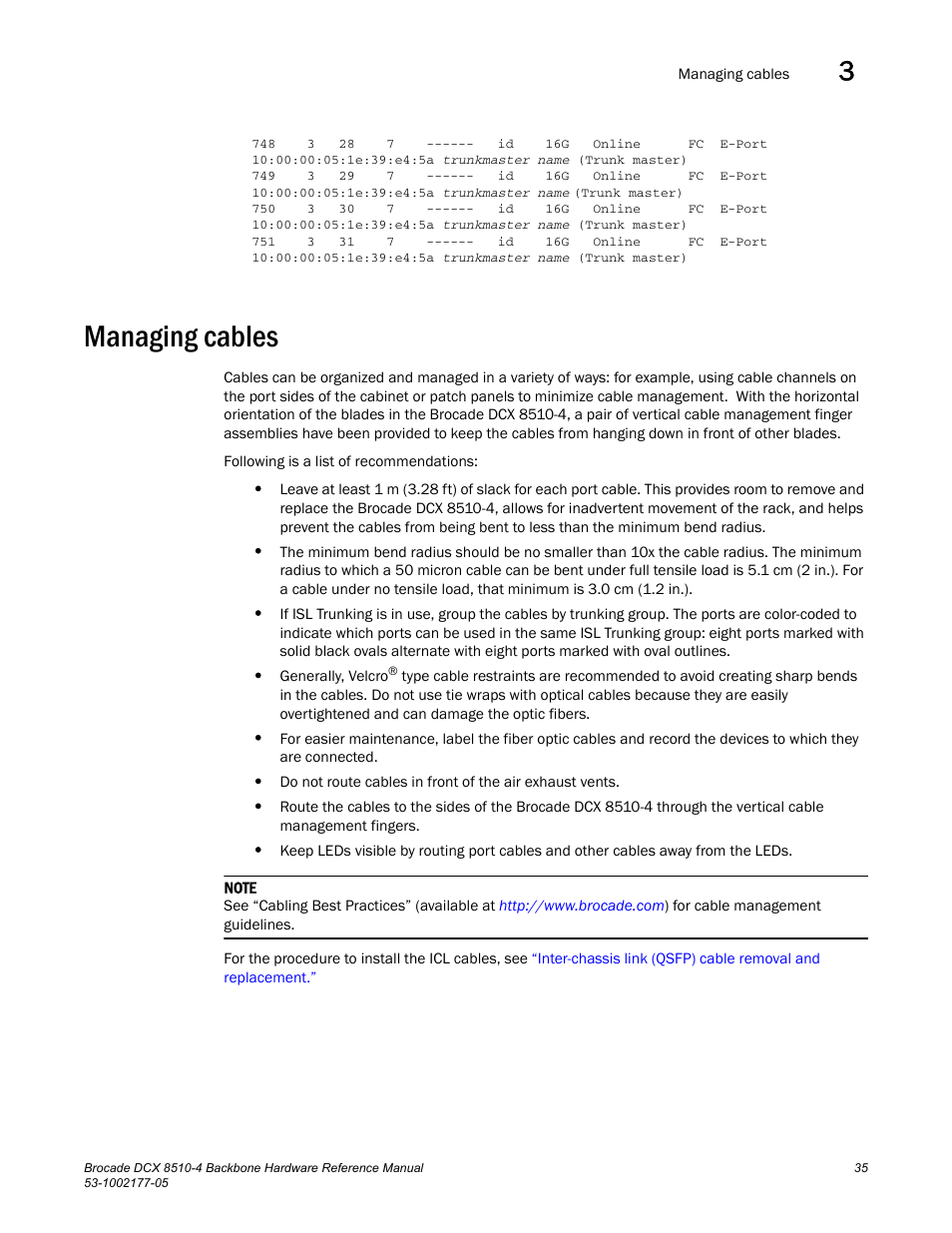 Managing cables | Brocade Communications Systems Brocade Backbone DCX 8510-4 User Manual | Page 55 / 168