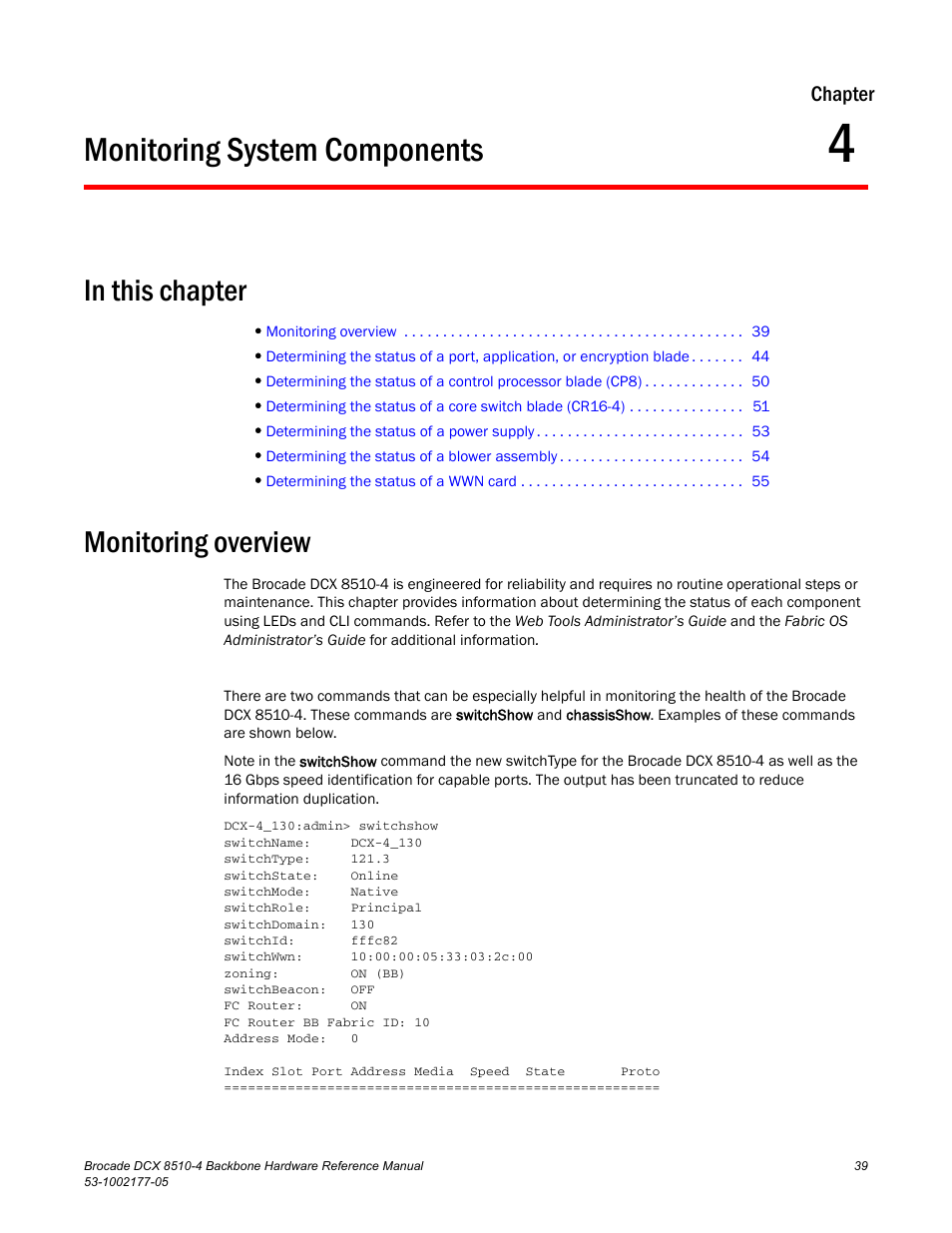 Monitoring system components, In this chapter, Monitoring overview | Chapter 4, Chapter 4, “monitoring system components, Chapter | Brocade Communications Systems Brocade Backbone DCX 8510-4 User Manual | Page 59 / 168