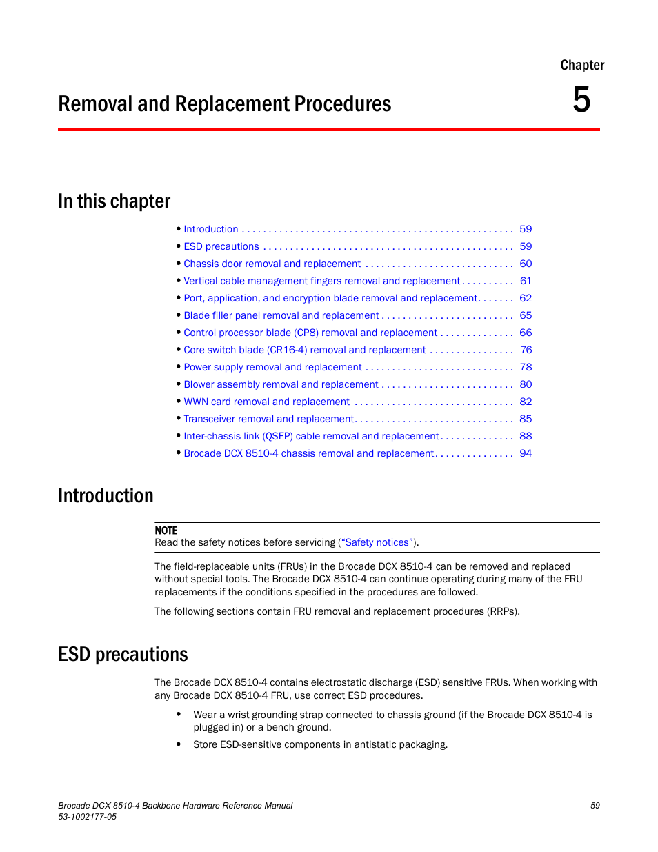 Removal and replacement procedures, In this chapter, Introduction | Esd precautions, Chapter 5, Chapter 5, “removal and replacement procedures | Brocade Communications Systems Brocade Backbone DCX 8510-4 User Manual | Page 79 / 168