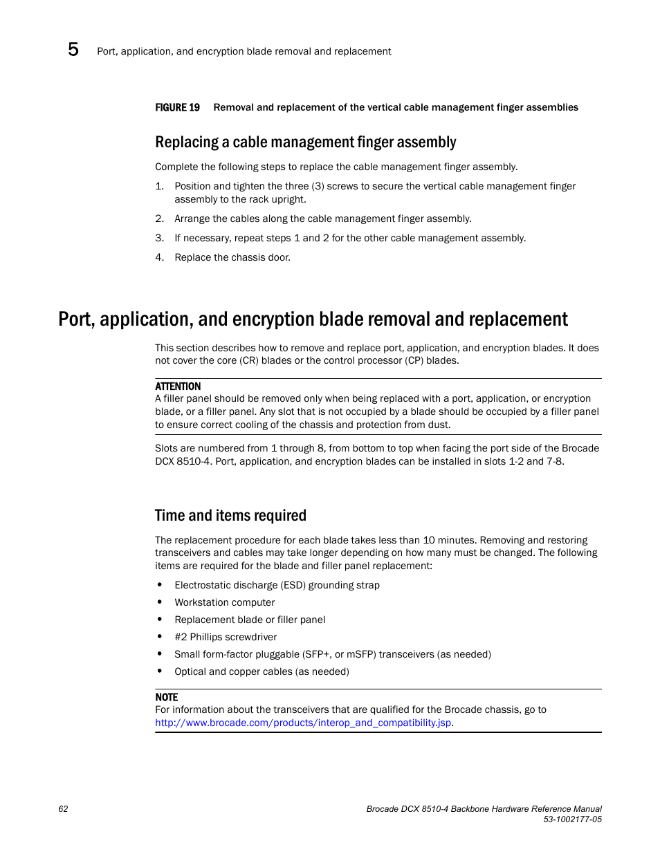 Replacing a cable management finger assembly, Time and items required, Figure 19 | Removal and replacement of | Brocade Communications Systems Brocade Backbone DCX 8510-4 User Manual | Page 82 / 168