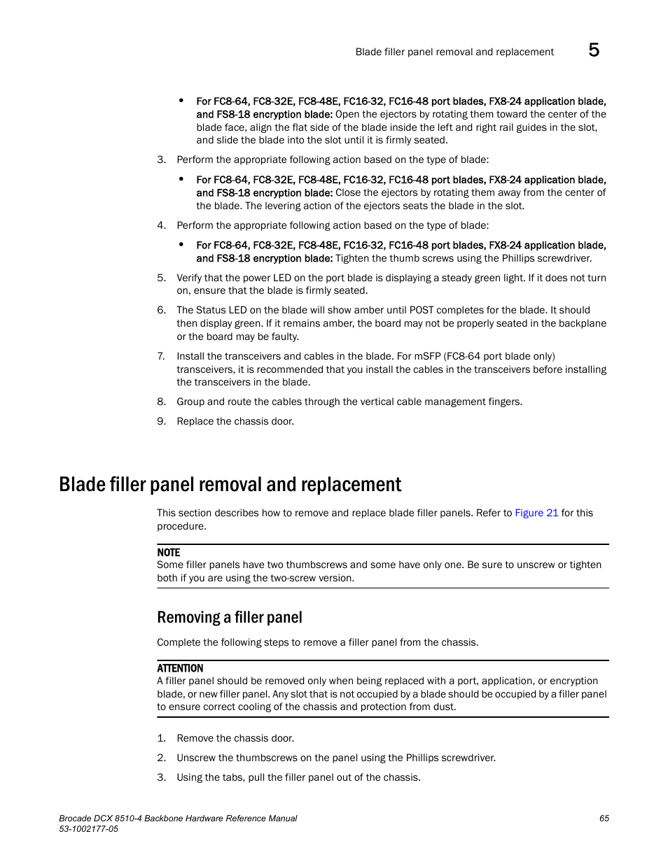 Blade filler panel removal and replacement, Removing a filler panel | Brocade Communications Systems Brocade Backbone DCX 8510-4 User Manual | Page 85 / 168