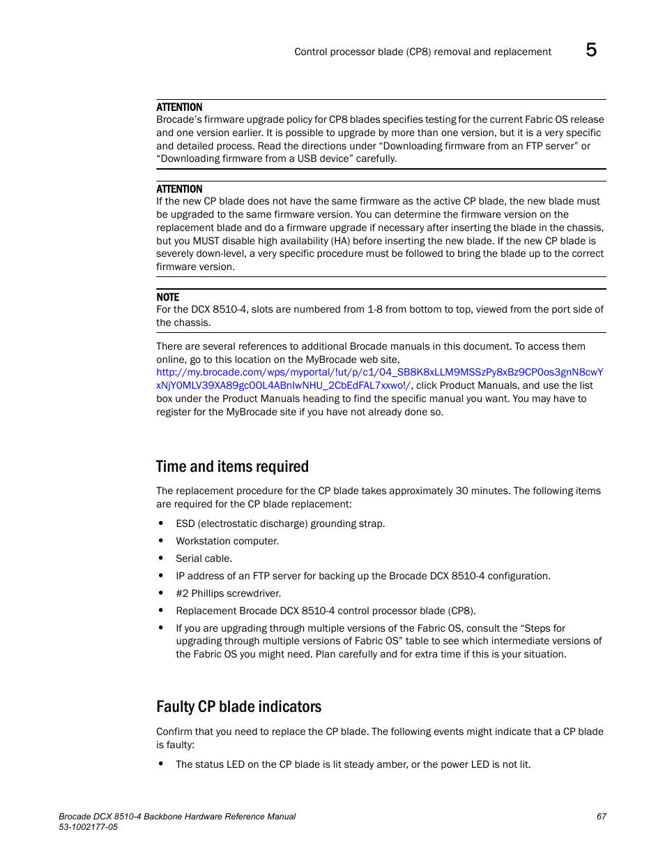 Time and items required, Faulty cp blade indicators | Brocade Communications Systems Brocade Backbone DCX 8510-4 User Manual | Page 87 / 168