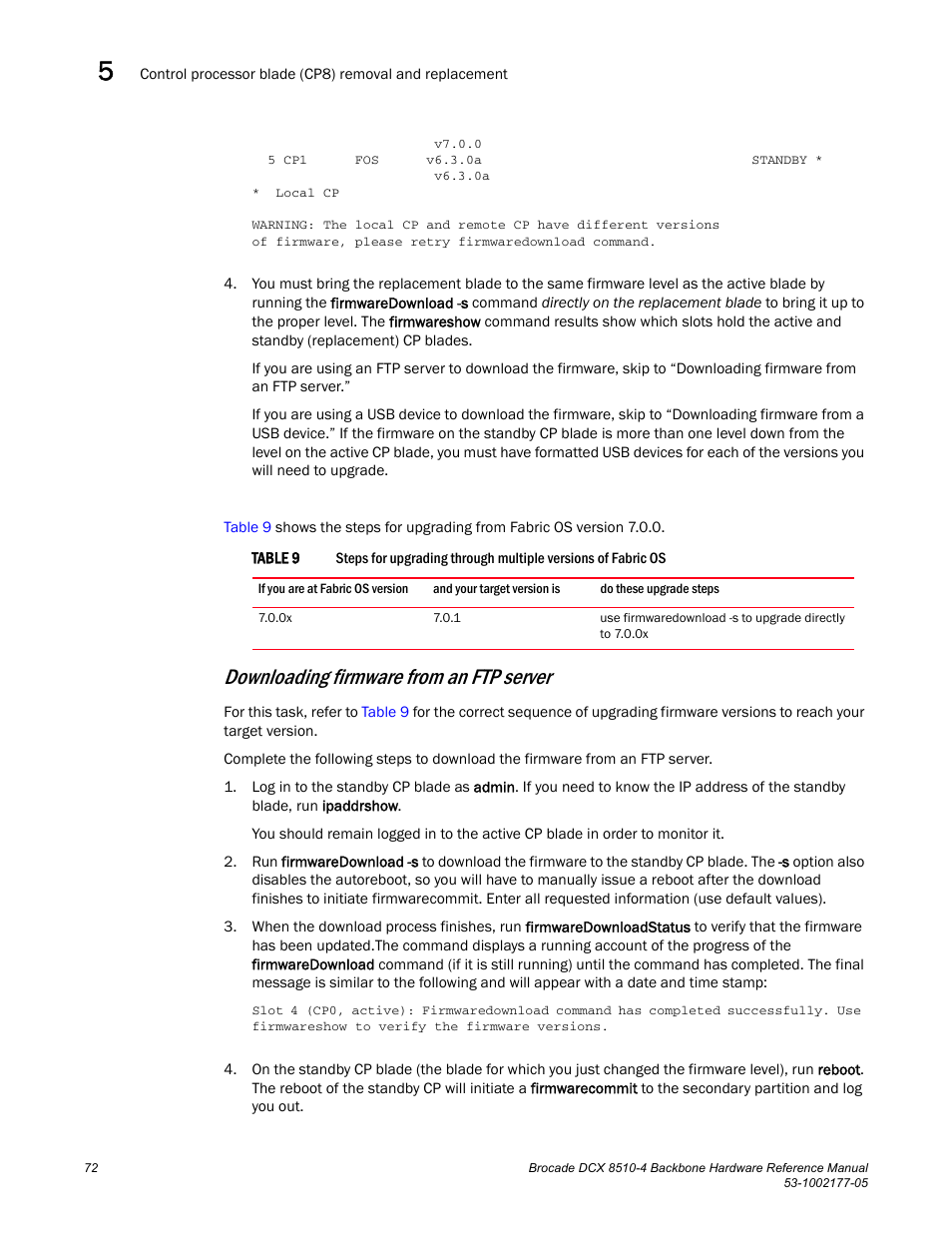 Table 9, Downloading firmware from an ftp server | Brocade Communications Systems Brocade Backbone DCX 8510-4 User Manual | Page 92 / 168