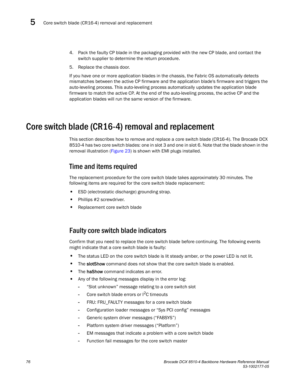 Core switch blade (cr16-4) removal and replacement, Time and items required, Faulty core switch blade indicators | Brocade Communications Systems Brocade Backbone DCX 8510-4 User Manual | Page 96 / 168