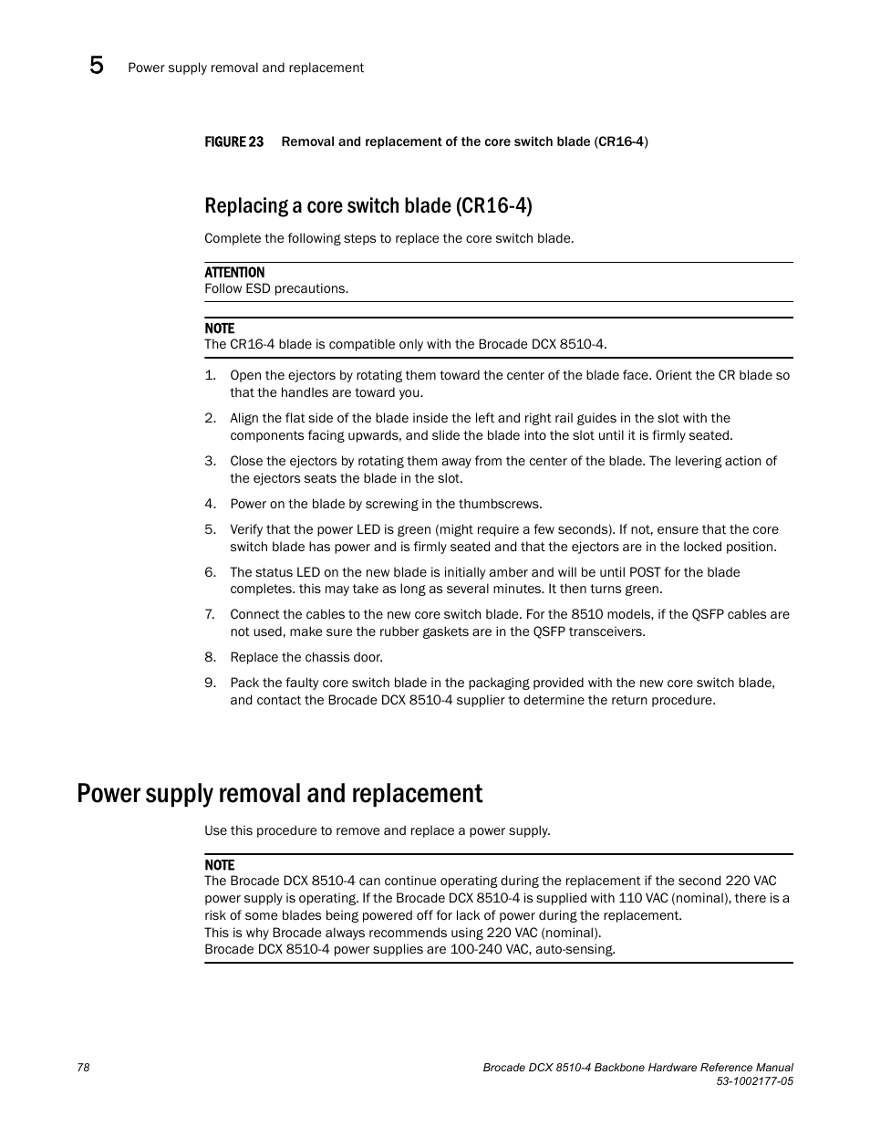 Replacing a core switch blade (cr16-4), Power supply removal and replacement, Figure 23 | Removal and replacement of | Brocade Communications Systems Brocade Backbone DCX 8510-4 User Manual | Page 98 / 168