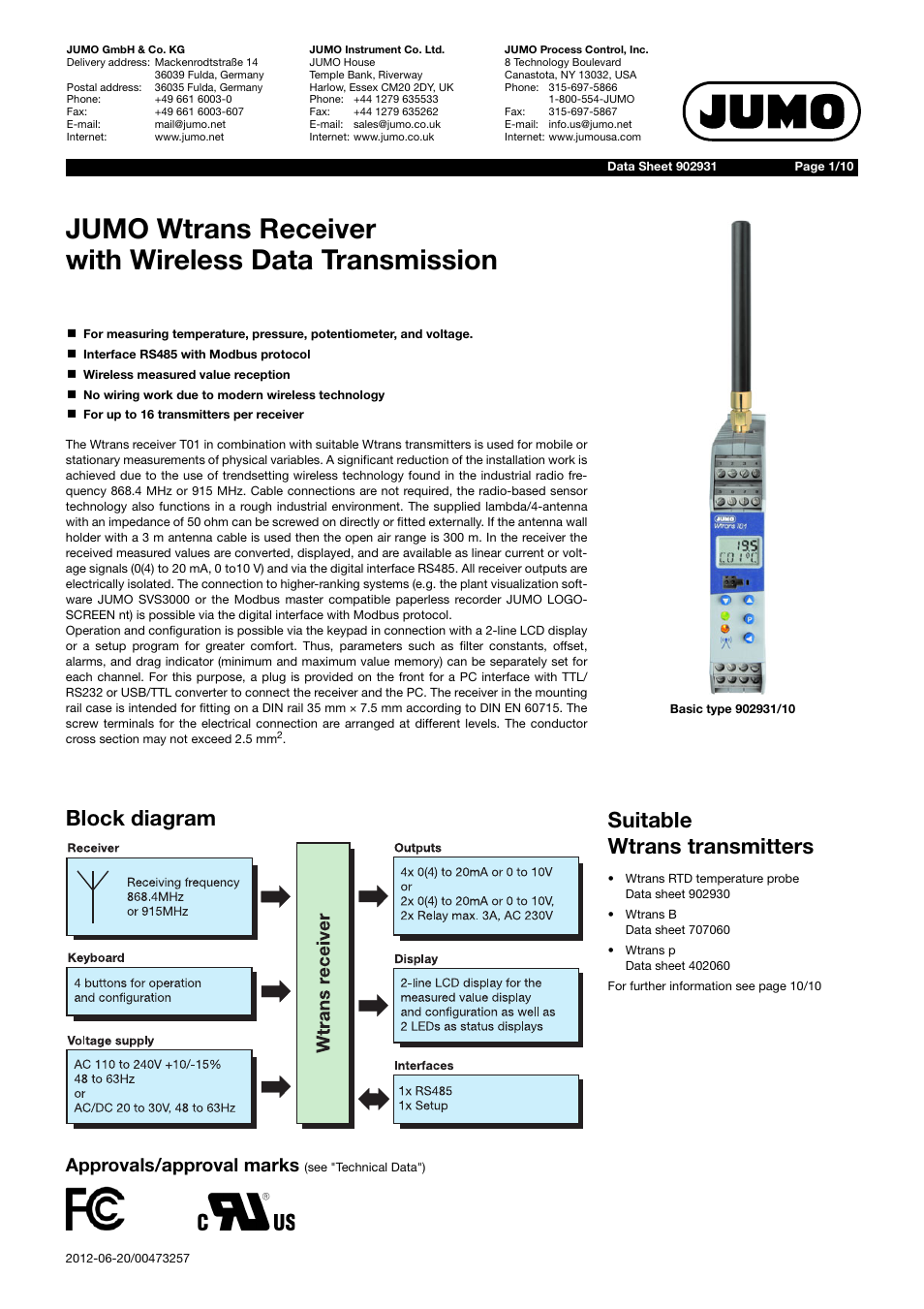 JUMO 902931 Wtrans Receiver with Wireless Data Transmission Data Sheet User Manual | 10 pages