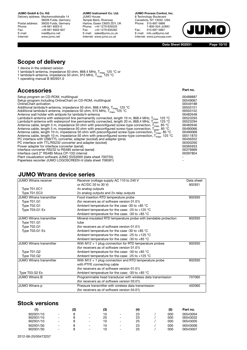 Scope of delivery, Accessories, Jumo wtrans device series | Stock versions | JUMO 902931 Wtrans Receiver with Wireless Data Transmission Data Sheet User Manual | Page 10 / 10