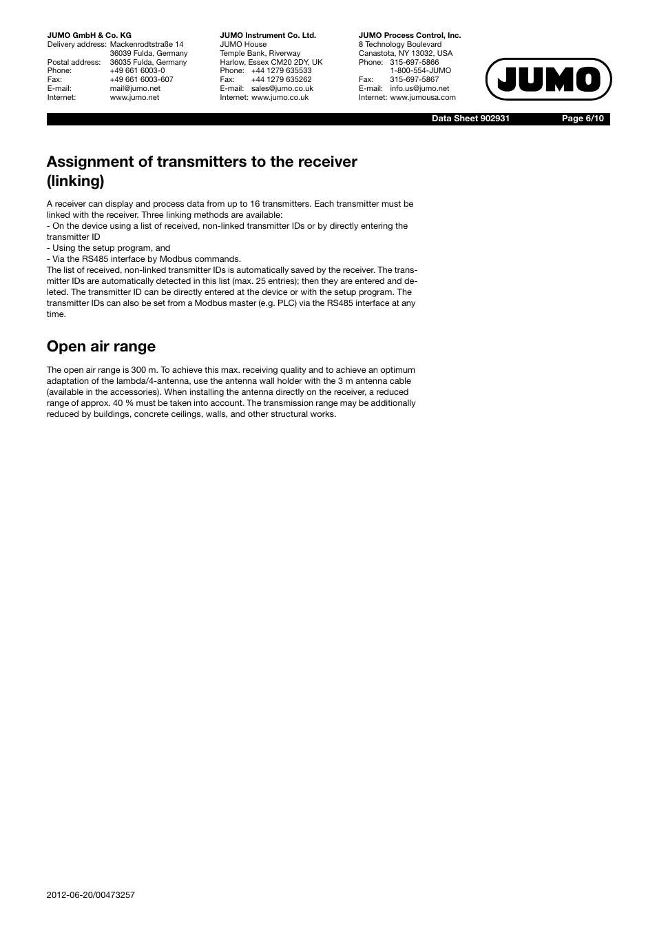 Open air range | JUMO 902931 Wtrans Receiver with Wireless Data Transmission Data Sheet User Manual | Page 6 / 10