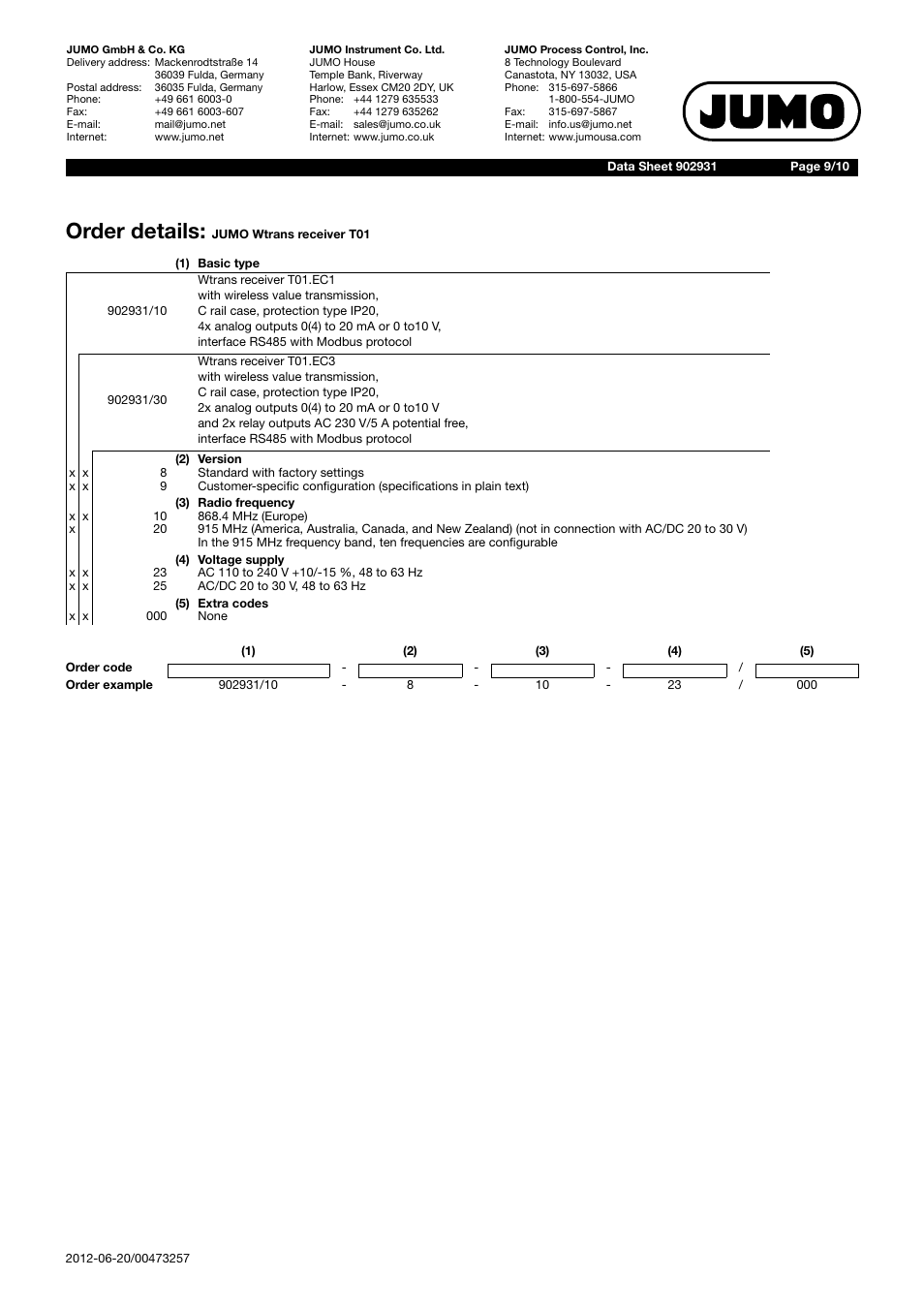 Order details | JUMO 902931 Wtrans Receiver with Wireless Data Transmission Data Sheet User Manual | Page 9 / 10