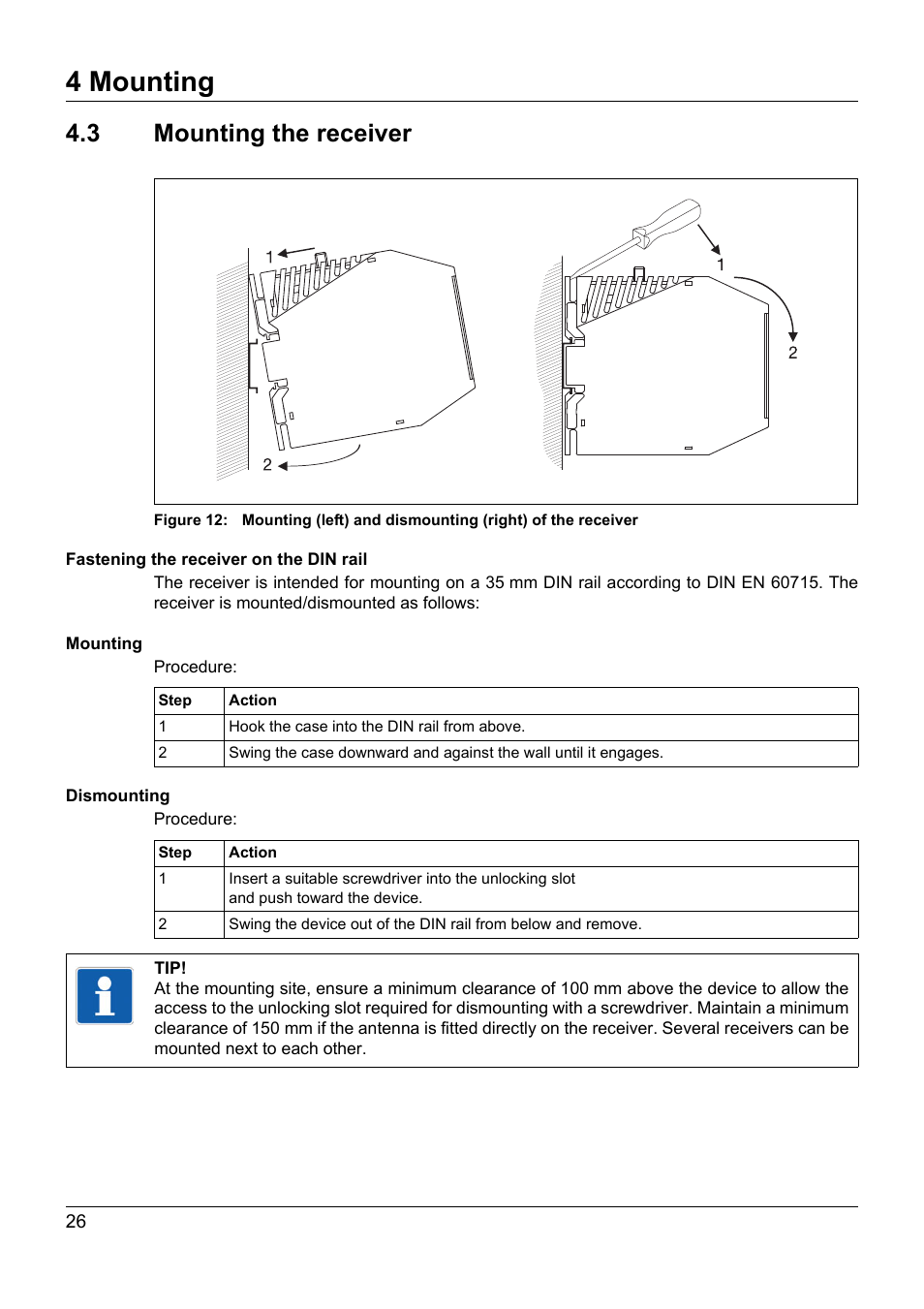 4 mounting, 3 mounting the receiver | JUMO 902931 Wtrans Receiver with Wireless Data Transmission Operating Manual User Manual | Page 26 / 104