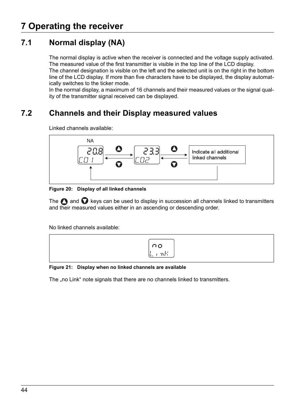 7 operating the receiver, 1 normal display (na), 2 channels and their display measured values | JUMO 902931 Wtrans Receiver with Wireless Data Transmission Operating Manual User Manual | Page 44 / 104